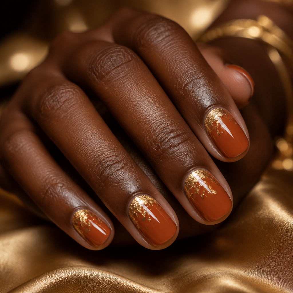 Burnt orange short oval nails with gold foil