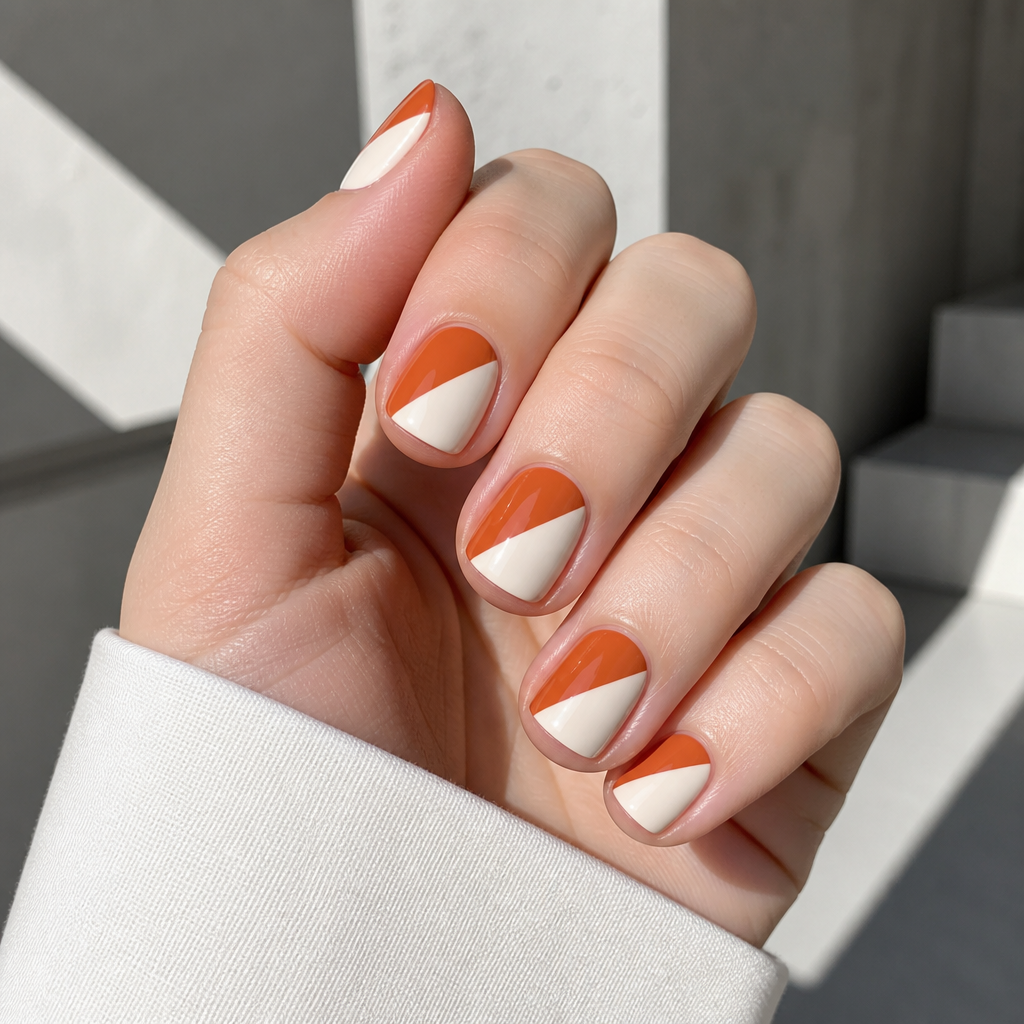 Burnt orange and cream color-block short square nails