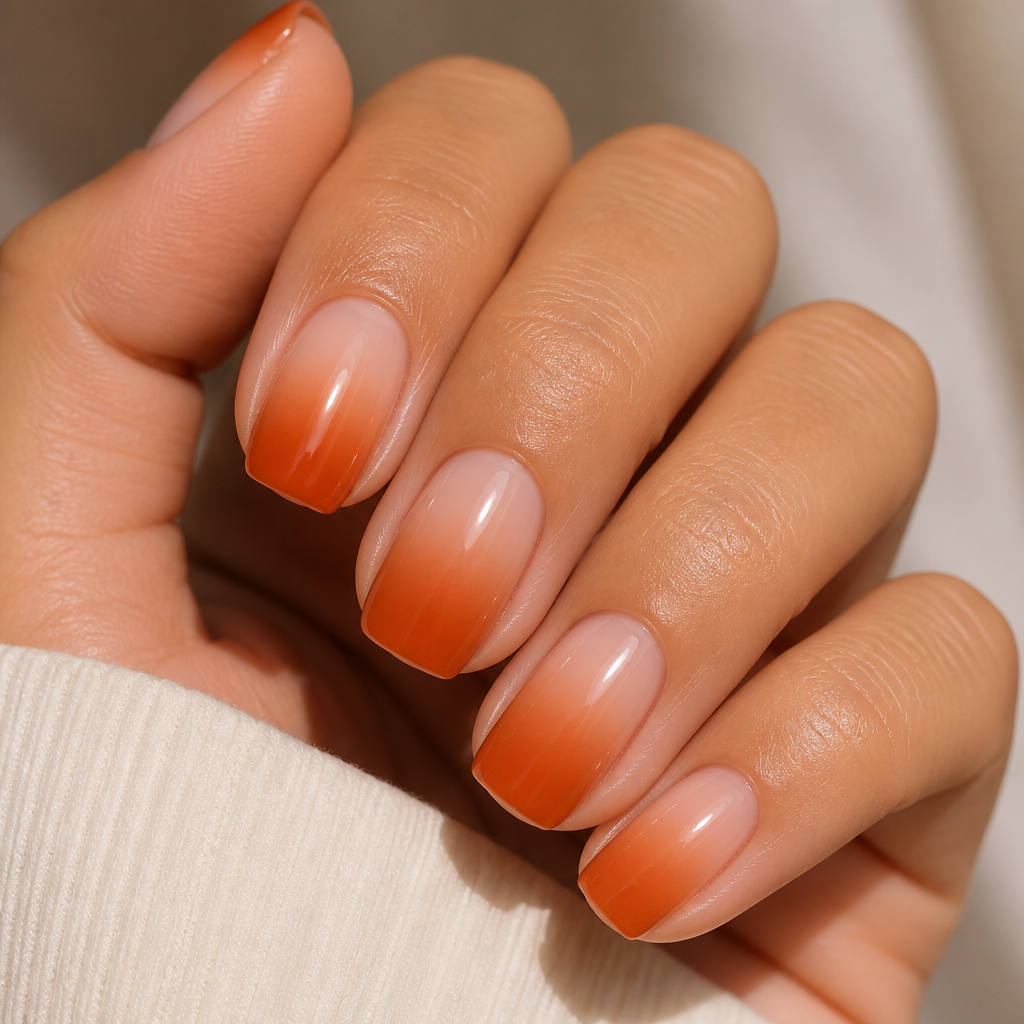 Warm burnt orange ombre short squoval nails