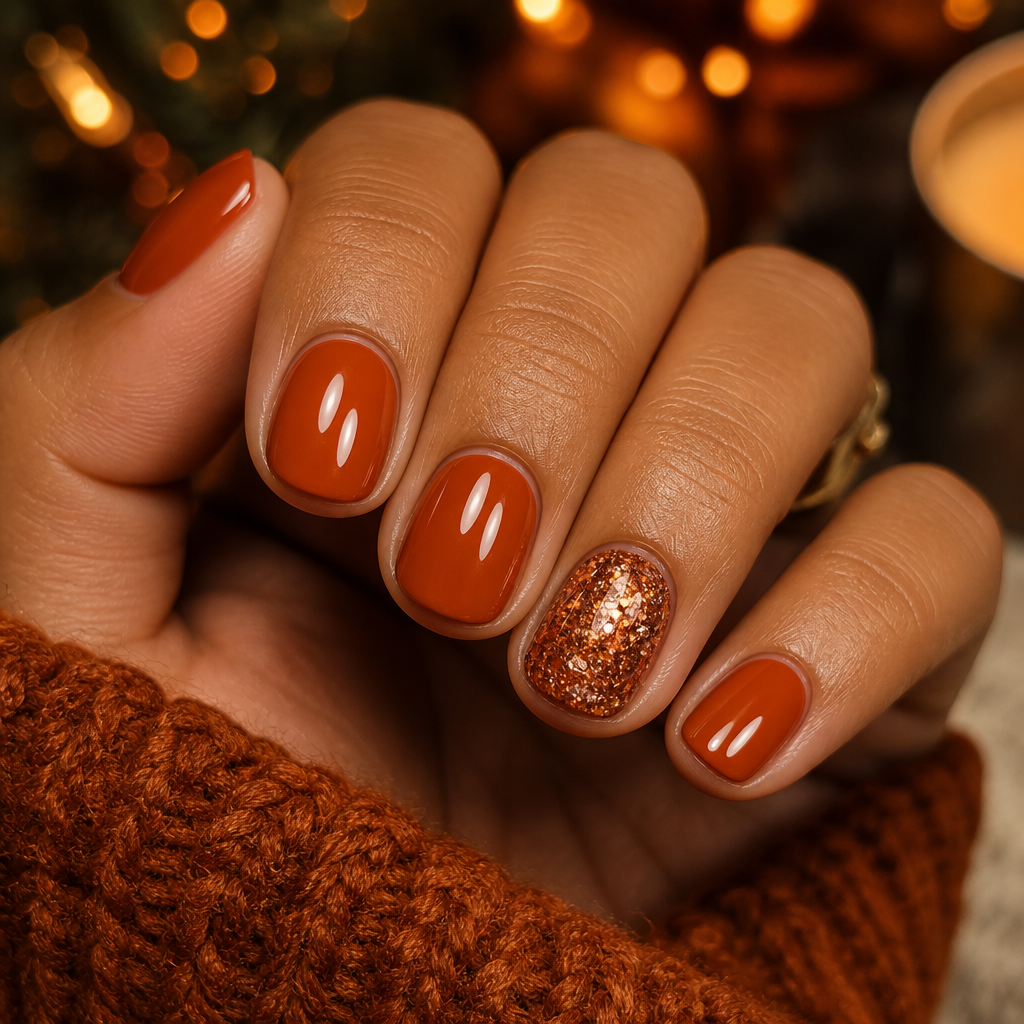 Burnt orange nails with a single copper glitter accent nail