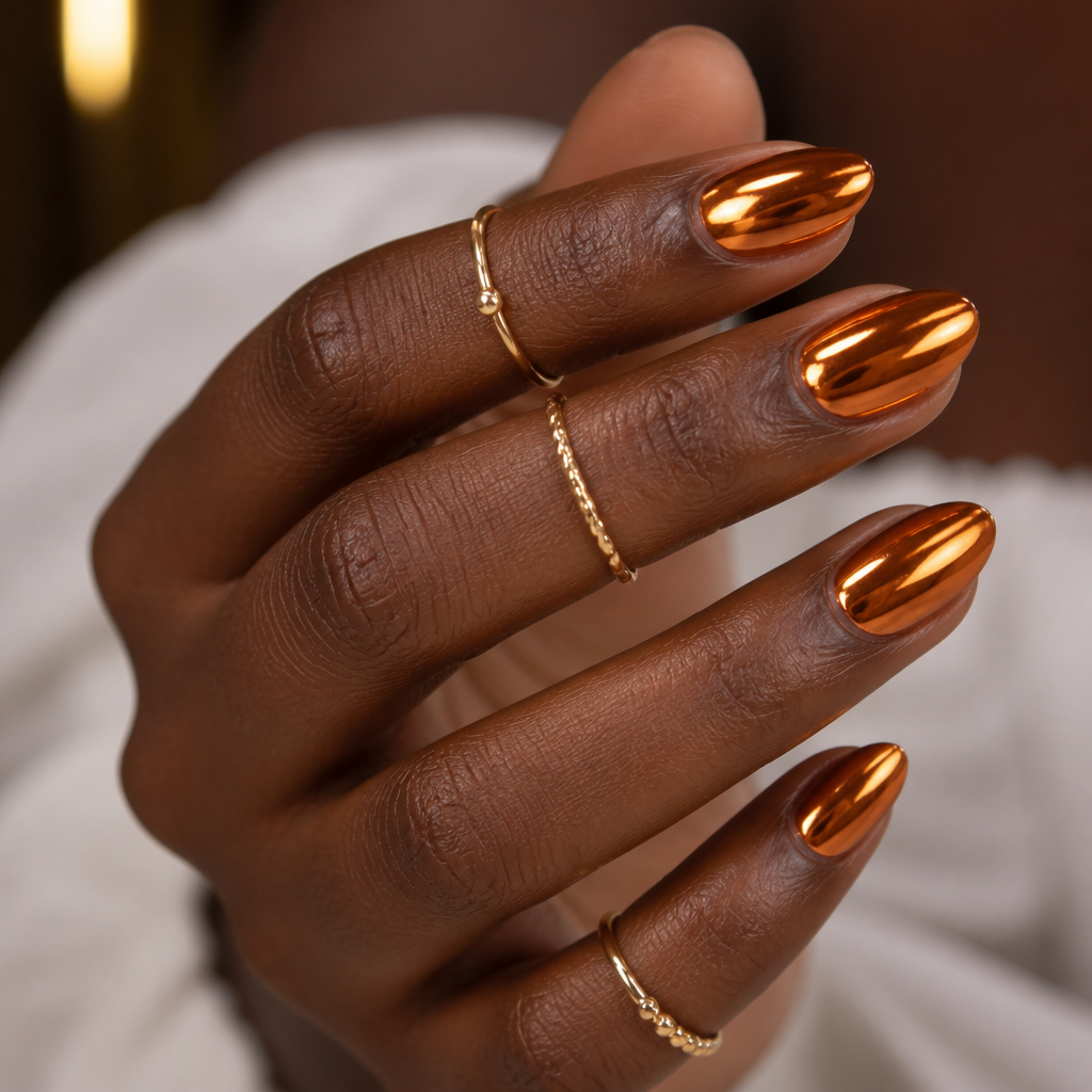 Burnt orange chrome short almond nails