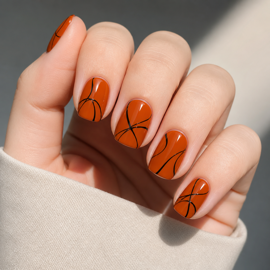 Burnt orange short squoval nails with black abstract lines