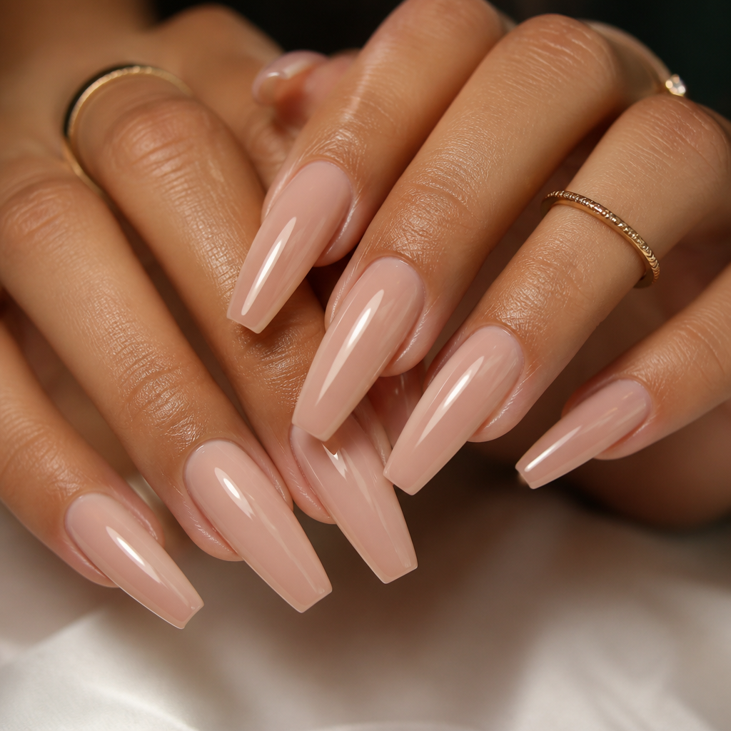 A beautiful close-up of hands displaying flawless, long coffin-shaped polygel nails in a chic, glossy natural nude shade.