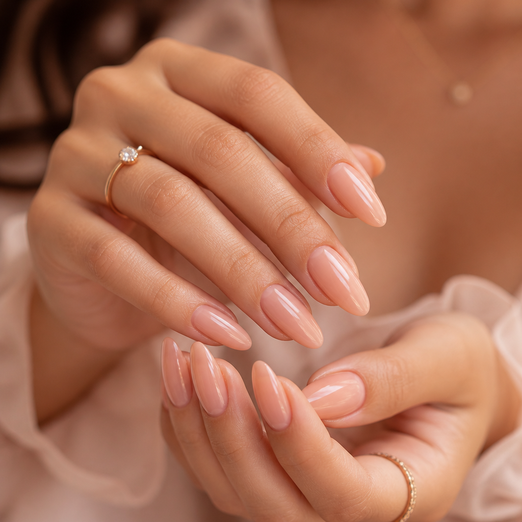 Elegant medium-length almond polygel nails in a sheer, soft peach tint.