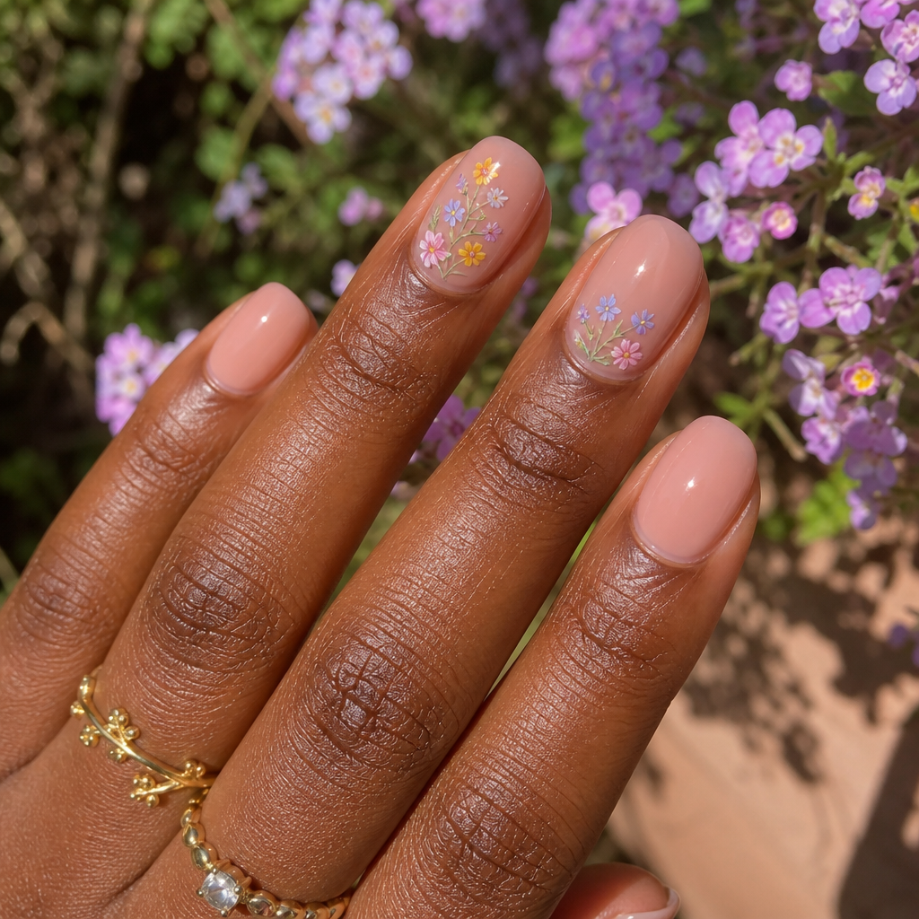 Medium round polygel nails with delicate floral art.