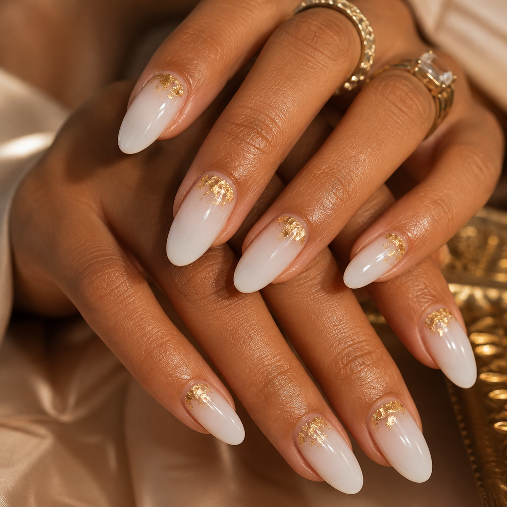 Medium almond polygel nails in a soft milky white base with foil accents.