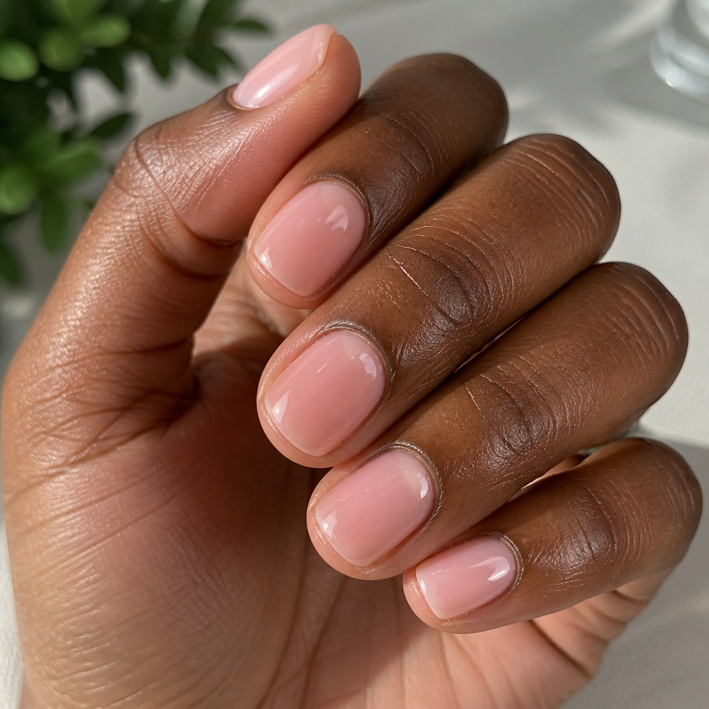 Very short, impeccably neat squoval polygel nails sculpted in a natural sheer pink.