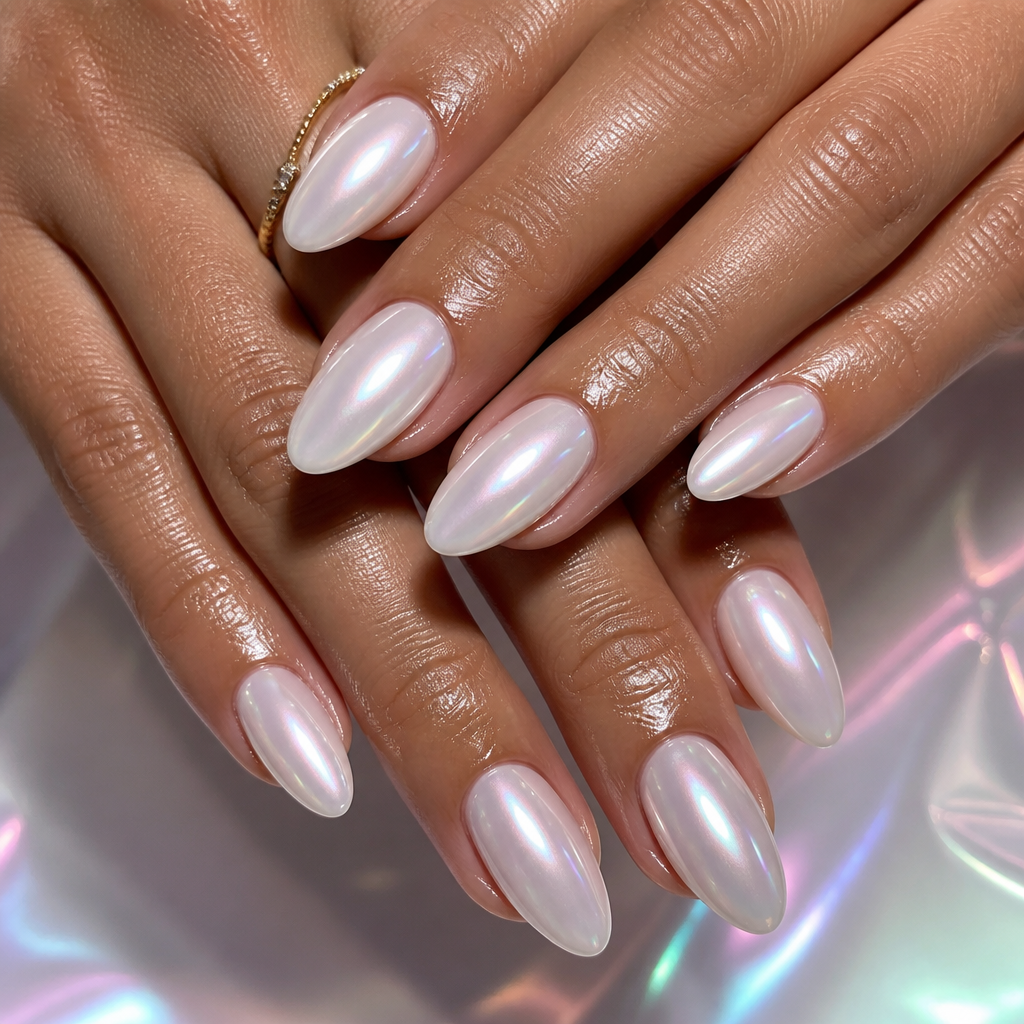 Medium almond polygel nails featuring a glazed donut chrome powder.