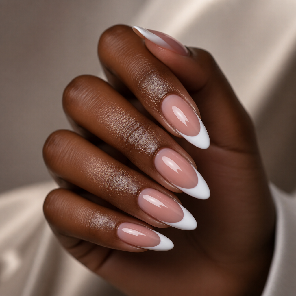 Long almond polygel nails featuring a classic French manicure.