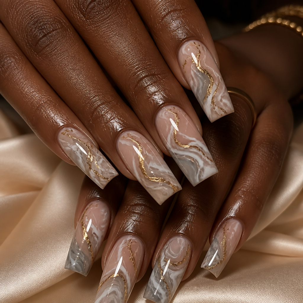 Long square polygel nails featuring intricate marble art.