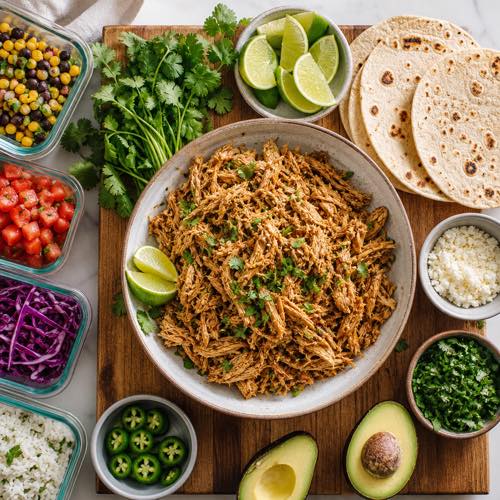 Overhead view of seasoned shredded chicken with fresh garnishes in meal prep bowls