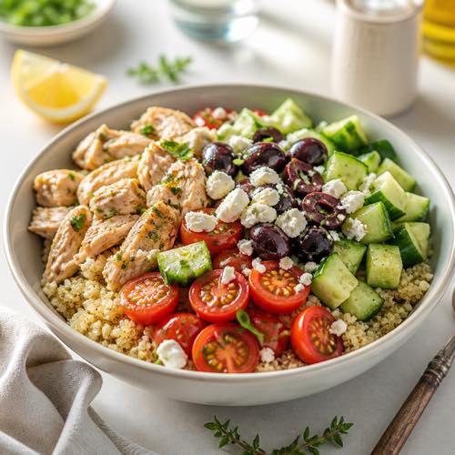 Shredded chicken recipe - Mediterranean Chicken Quinoa Bowl