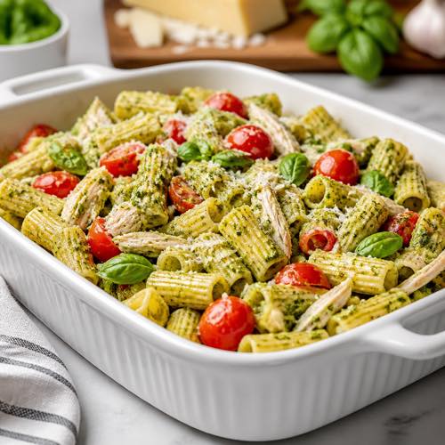 Shredded chicken recipe - Baked Chicken Pesto Pasta