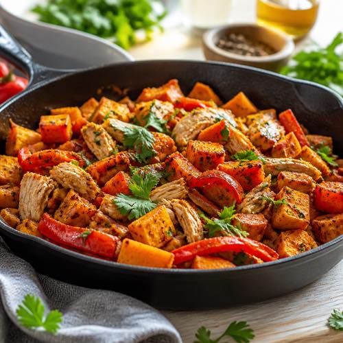 Shredded chicken recipe - Chicken and Sweet Potato Hash