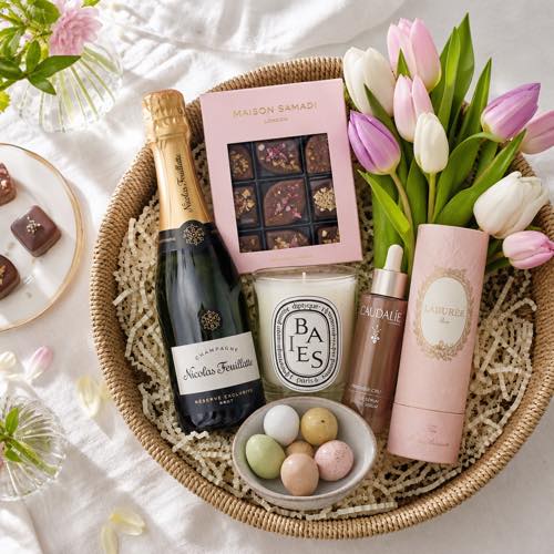Overhead flat lay of an elegant adult Easter basket with dark chocolates, candles, and skincare