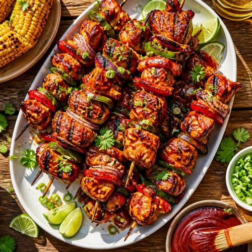 Overhead flat lay of grilled BBQ chicken skewers with caramelized sauce, bell peppers, and red onions on a ceramic platter