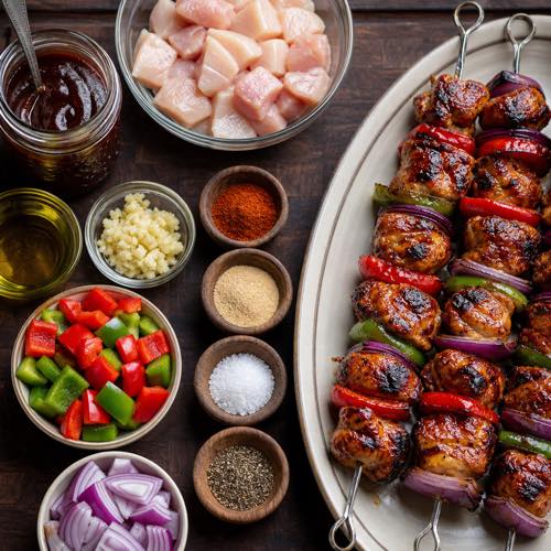 Raw cubed chicken, barbecue sauce, spices, and fresh bell peppers arranged on a butcher block