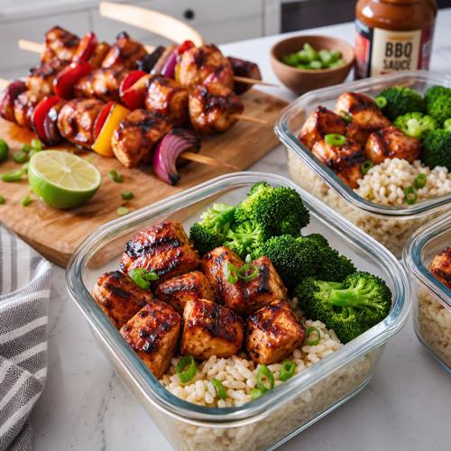 Meal prep glass containers with grilled BBQ chicken cubes, rice, and steamed broccoli