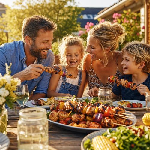 Family enjoying grilled BBQ chicken skewers and sides at an outdoor patio dining table