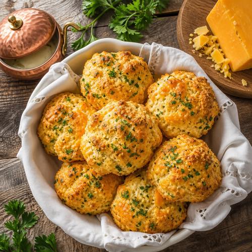 Overhead flat lay of golden fluffy cheddar cheese biscuits with garlic herb butter in a serving basket