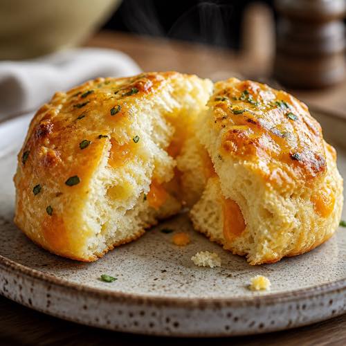 Single warm cheddar biscuit split in half showing fluffy interior and melted cheese pockets