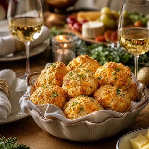 Holiday dinner table setting with a basket of golden cheddar biscuits and festive decor