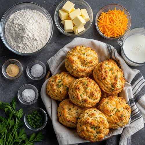Baking ingredients for cheddar biscuits including flour, cold butter, grated cheddar cheese, and buttermilk