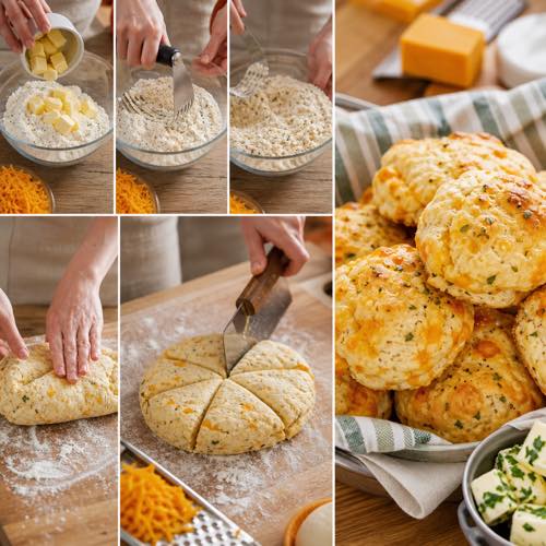 Cutting cold butter into seasoned flour with a pastry cutter in a glass bowl