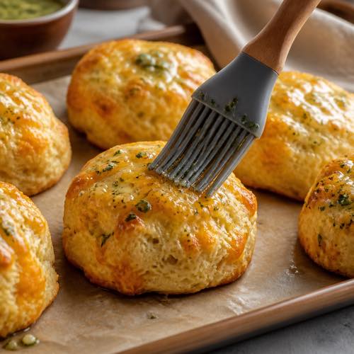 Brushing hot cheddar biscuits with melted garlic parsley butter on a baking sheet