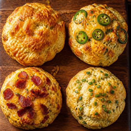 Four variations of cheddar biscuits including jalapeno, bacon, and smoked gouda