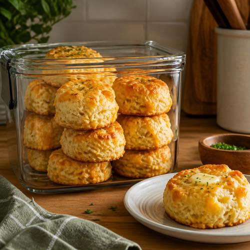 Cheddar biscuits stored in an airtight glass container with a reheated biscuit