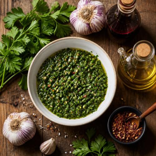Overhead flat lay of vibrant green authentic chimichurri sauce in a white ceramic bowl with fresh parsley and garlic