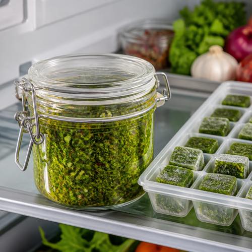 Homemade chimichurri in a hermetic latch glass jar in a refrigerator with frozen chimichurri cubes