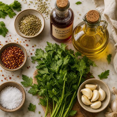 Fresh flat-leaf parsley, garlic cloves, dried oregano, red wine vinegar, and olive oil on a marble board