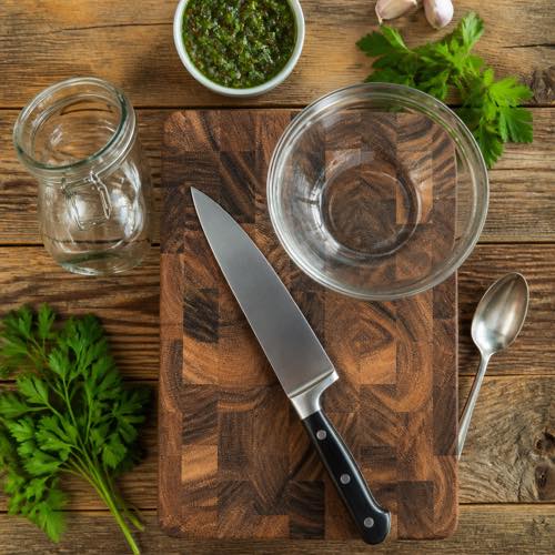 Chef knife, wooden cutting board, mixing bowl, and glass jar for making authentic chimichurri