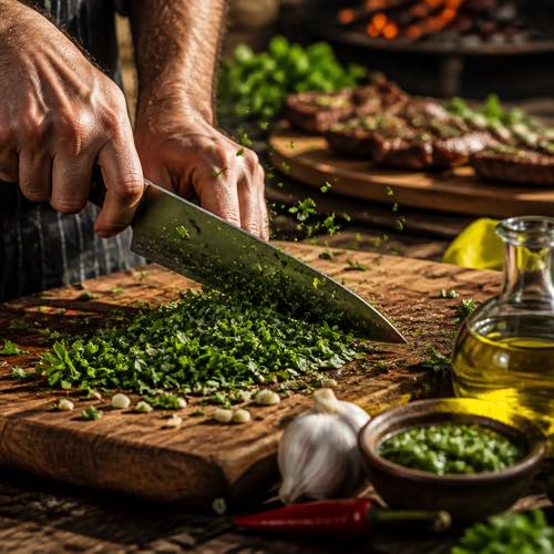 Hands hand-chopping fresh flat-leaf parsley and garlic with a sharp chef knife on a wooden board