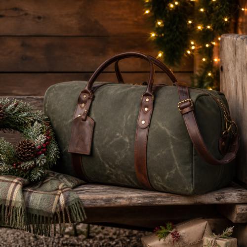Olive green waxed canvas and leather travel duffel bag packed beside holiday wool blanket