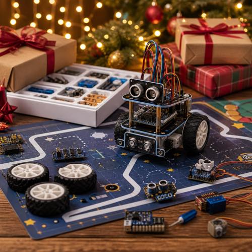 STEM robotics discovery kit with motorized wheels, circuit boards, and rolling toy robot