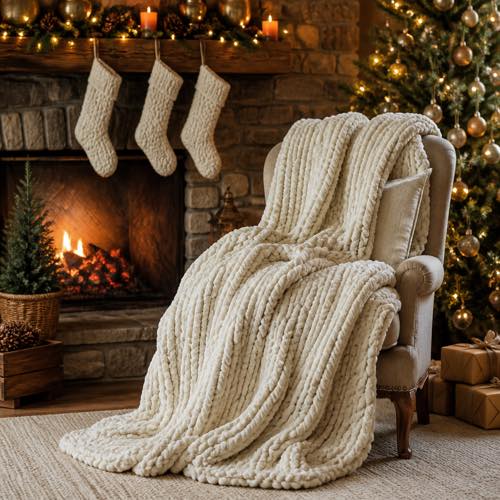 Chunky knit cream chenille weighted blanket draped over armchair by a warm fireplace
