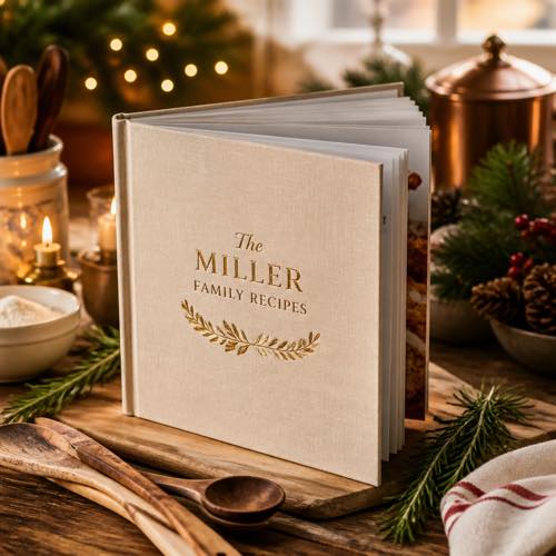 Linen hardbound family heritage recipe keepsake journal embossed with gold lettering