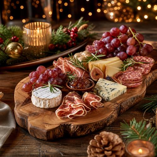 Large live-edge acacia wood charcuterie serving board with artisanal cheeses, fruits, and meats