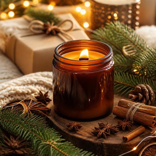 Amber glass apothecary candle with crackling wood wick burning among pine needles and clove
