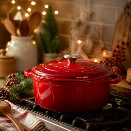 Cherry-red round enamelled cast iron Dutch oven on rustic stovetop with holiday accents