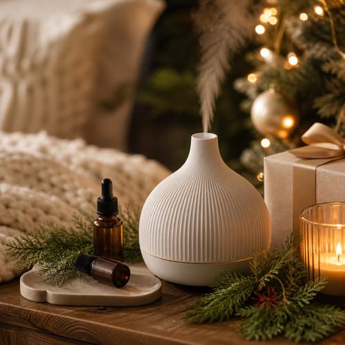 White ribbed ceramic essential oil diffuser with gentle mist rising beside pine branches