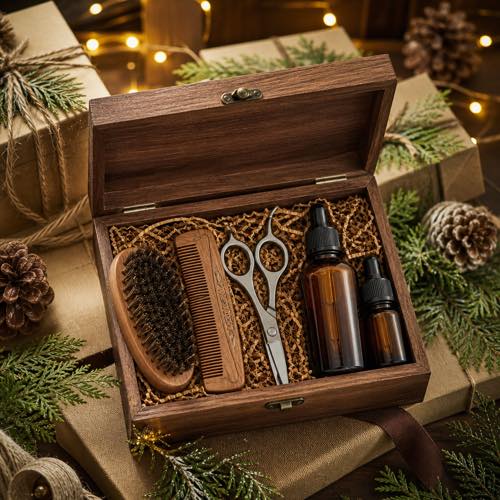 Masculine wooden beard grooming box with brush, sandalwood oil, comb, and trimming shears