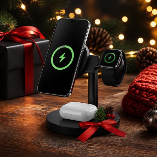 Matte black 3-in-1 magnetic charging stand charging phone, smartwatch, and earbuds simultaneously