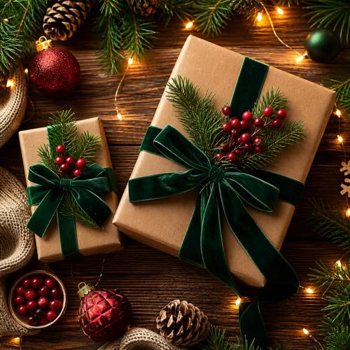 Flat lay of beautifully wrapped Christmas gifts with kraft paper, emerald velvet ribbon, and pine sprigs