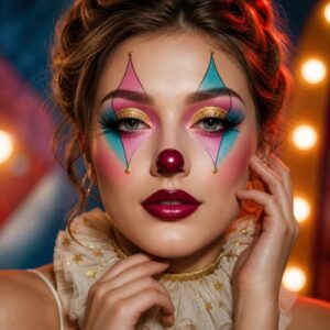 Creative circus clown makeup combining pastel tones, gold foil cut crease, and red button nose