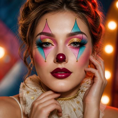 Creative circus clown makeup combining pastel tones, gold foil cut crease, and red button nose