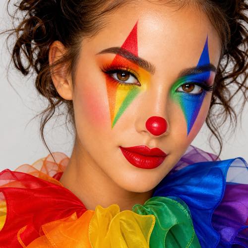 Clown makeup idea 2: Vibrant Rainbow Circus Clown costume look
